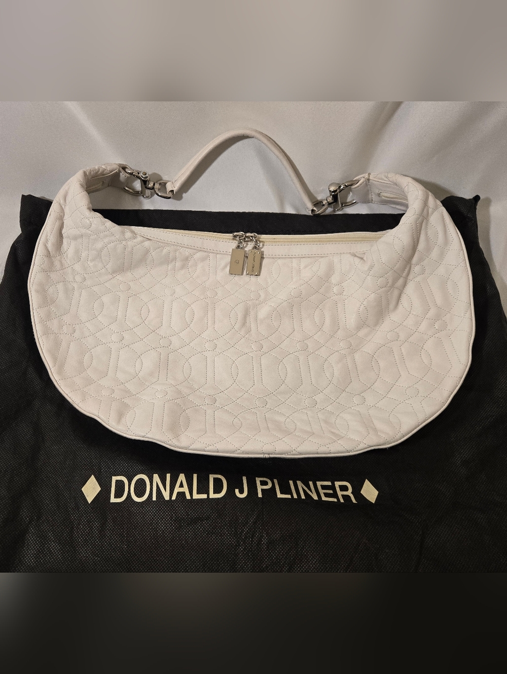 Donald J. Pliner White Quilted Logo-Embossed Leather Hobo Bag